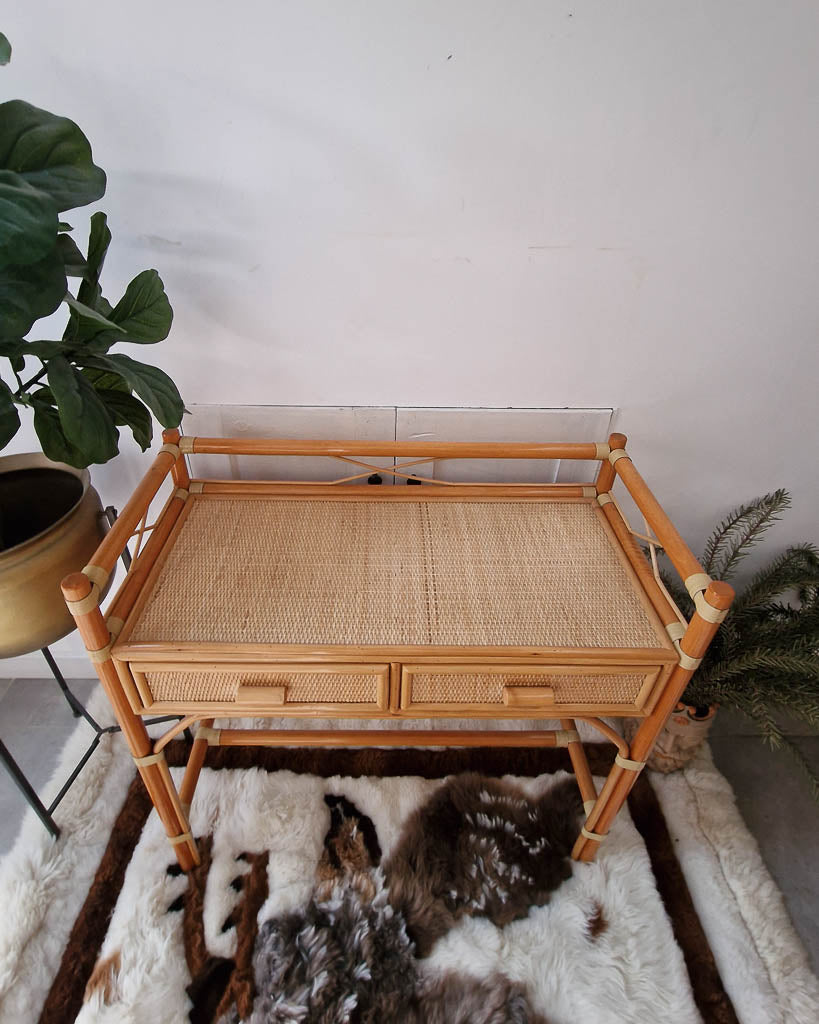 Mid Century Rattan and Cane Bamboo Dressing Table & Stool