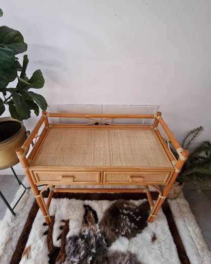 Mid Century Rattan and Cane Bamboo Dressing Table & Stool
