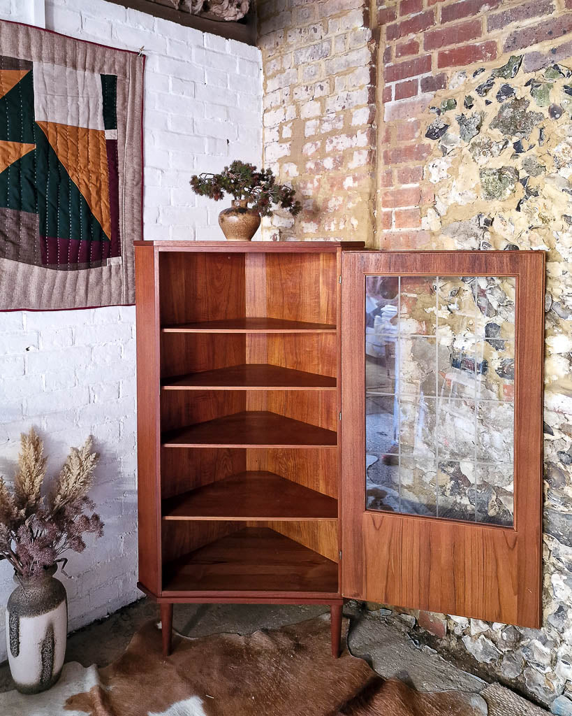 Mid Century Teak & Glass Corner Drinks Cabinet