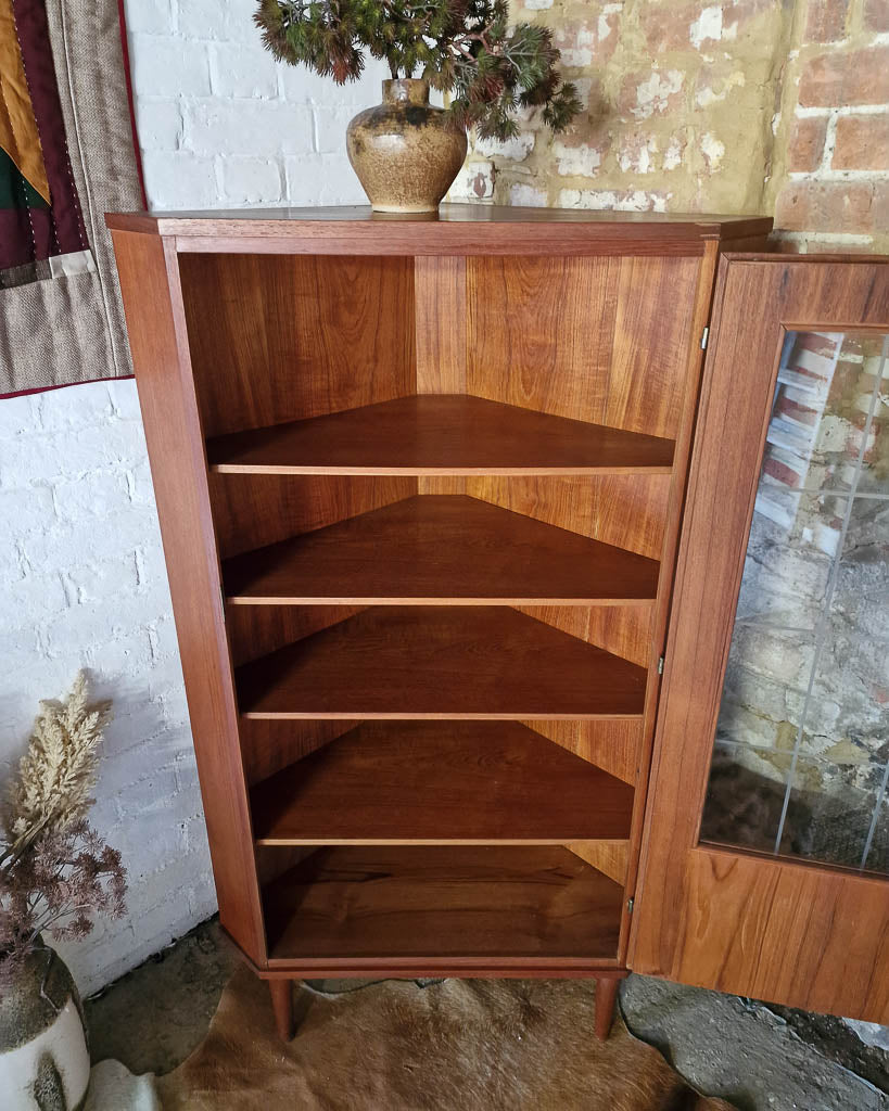 Mid Century Teak & Glass Corner Drinks Cabinet