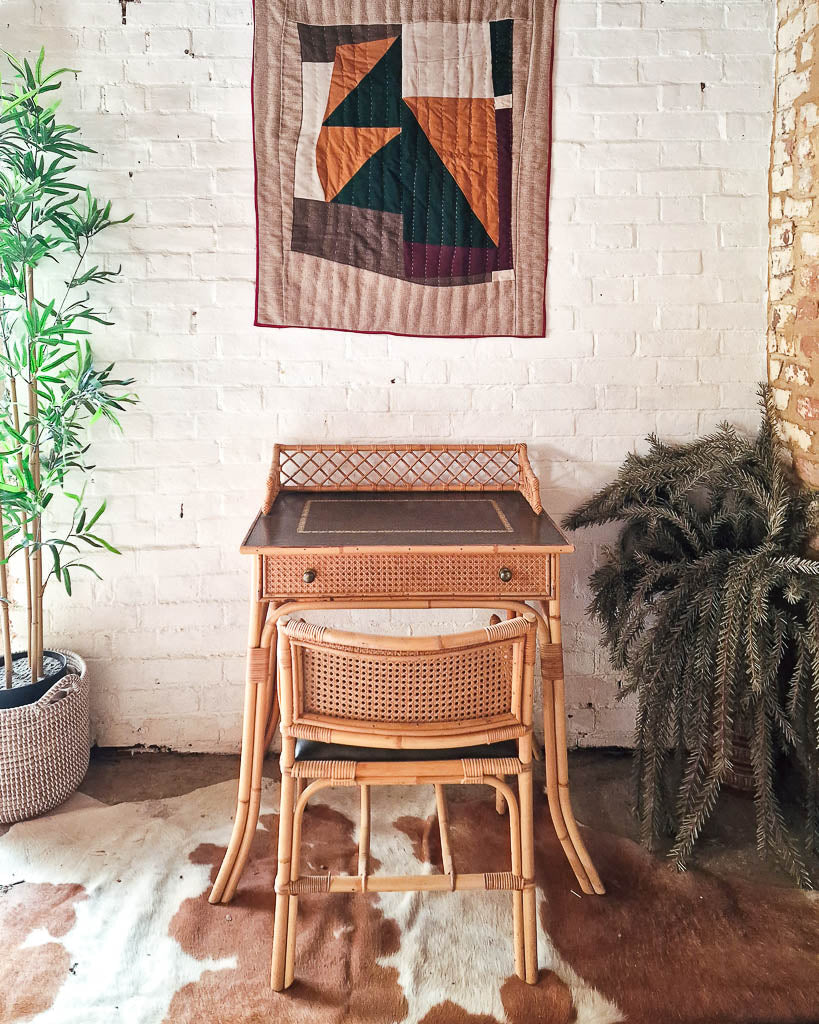 Italian Mid Century Rattan Bamboo Desk & Chair