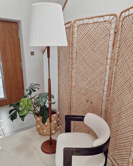 Mid Century Teak & Brass Standard Floor Lamp inc. Shade