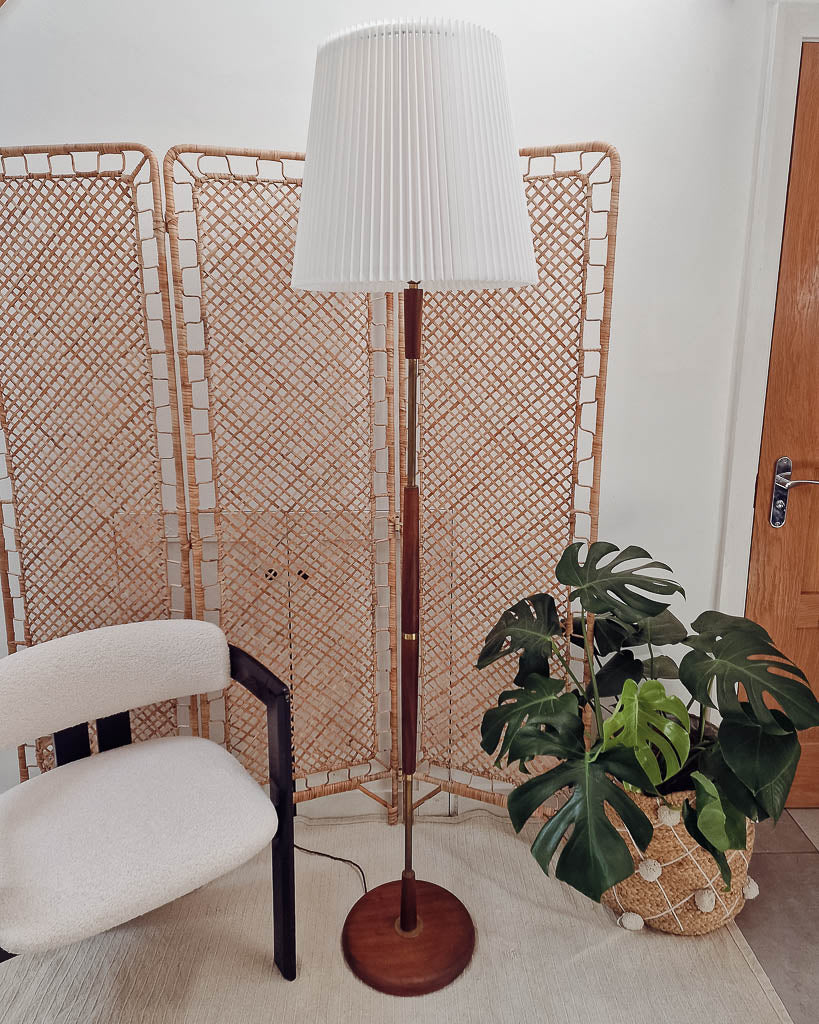 Mid Century Teak & Brass Standard Floor Lamp inc. Shade