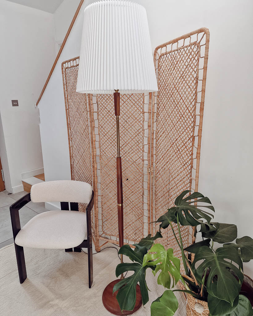 Mid Century Teak & Brass Standard Floor Lamp inc. Shade