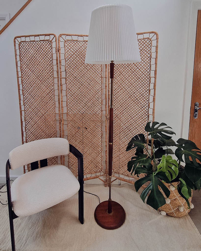 Mid Century Teak & Brass Standard Floor Lamp inc. Shade
