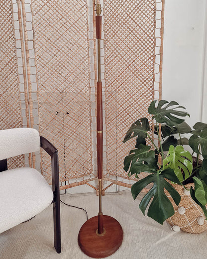 Mid Century Teak & Brass Standard Floor Lamp inc. Shade