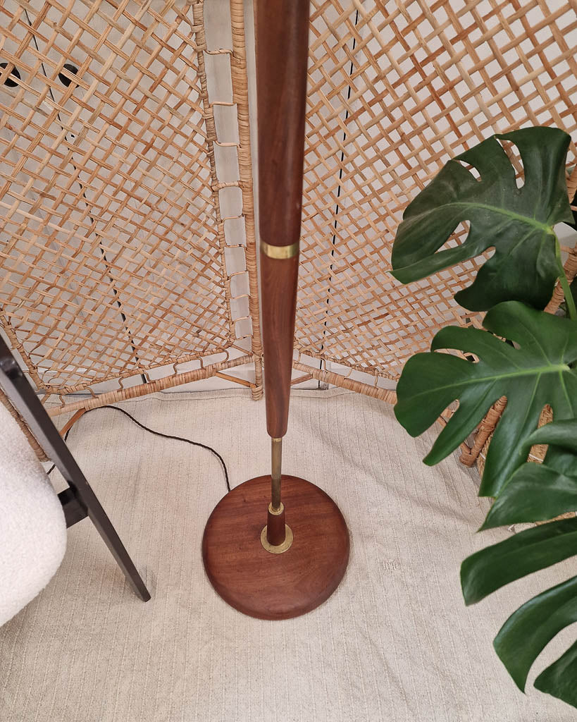 Mid Century Teak & Brass Standard Floor Lamp inc. Shade