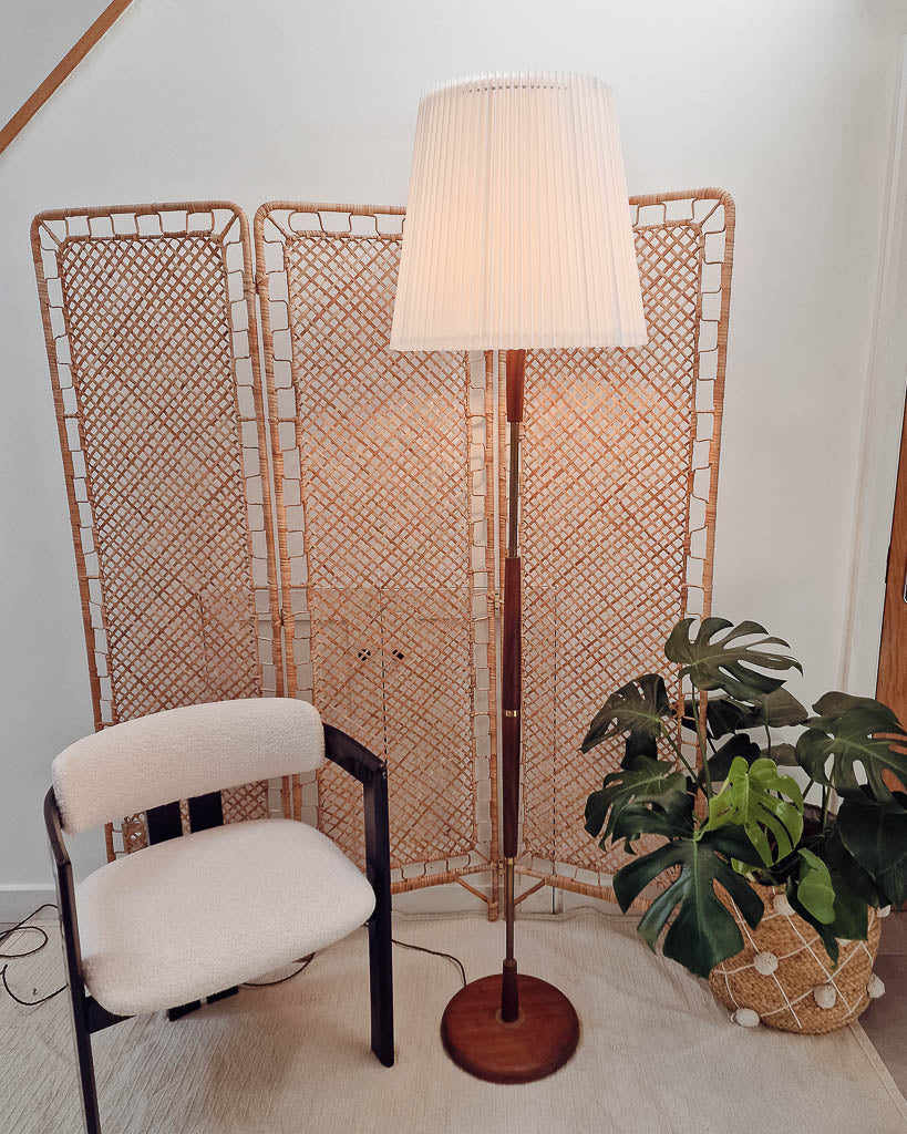 Mid Century Teak & Brass Standard Floor Lamp inc. Shade