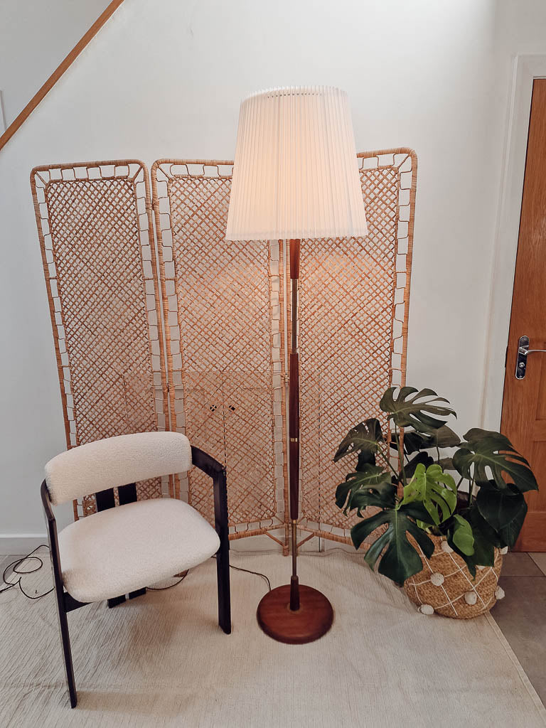 Mid Century Teak & Brass Standard Floor Lamp inc. Shade