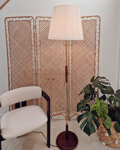 Mid Century Teak & Brass Standard Floor Lamp inc. Shade