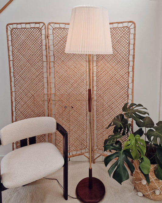 Mid Century Teak & Brass Standard Floor Lamp inc. Shade