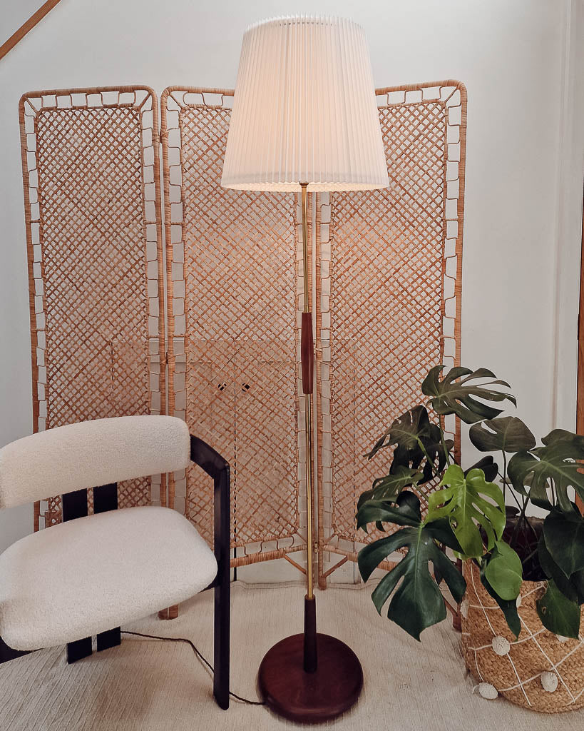 Mid Century Teak & Brass Standard Floor Lamp inc. Shade