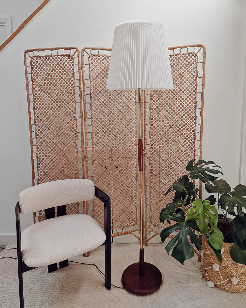 Mid Century Teak & Brass Standard Floor Lamp inc. Shade