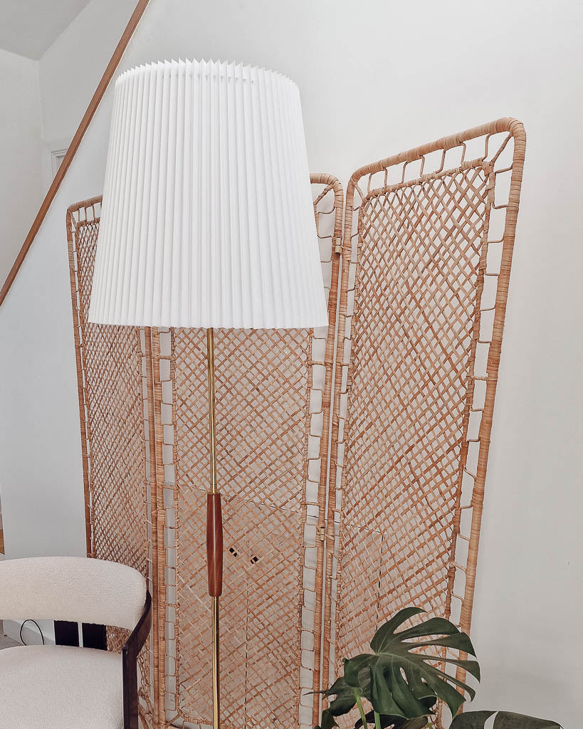 Mid Century Teak & Brass Standard Floor Lamp inc. Shade