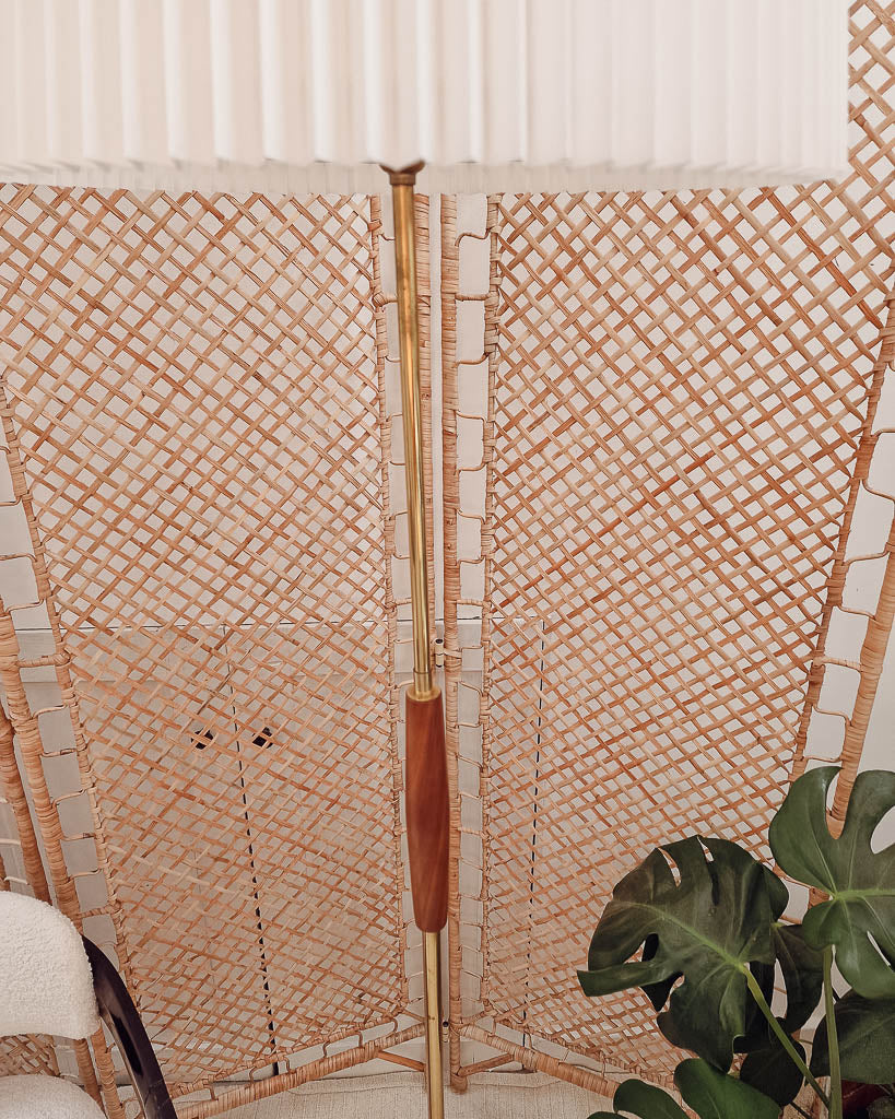Mid Century Teak & Brass Standard Floor Lamp inc. Shade