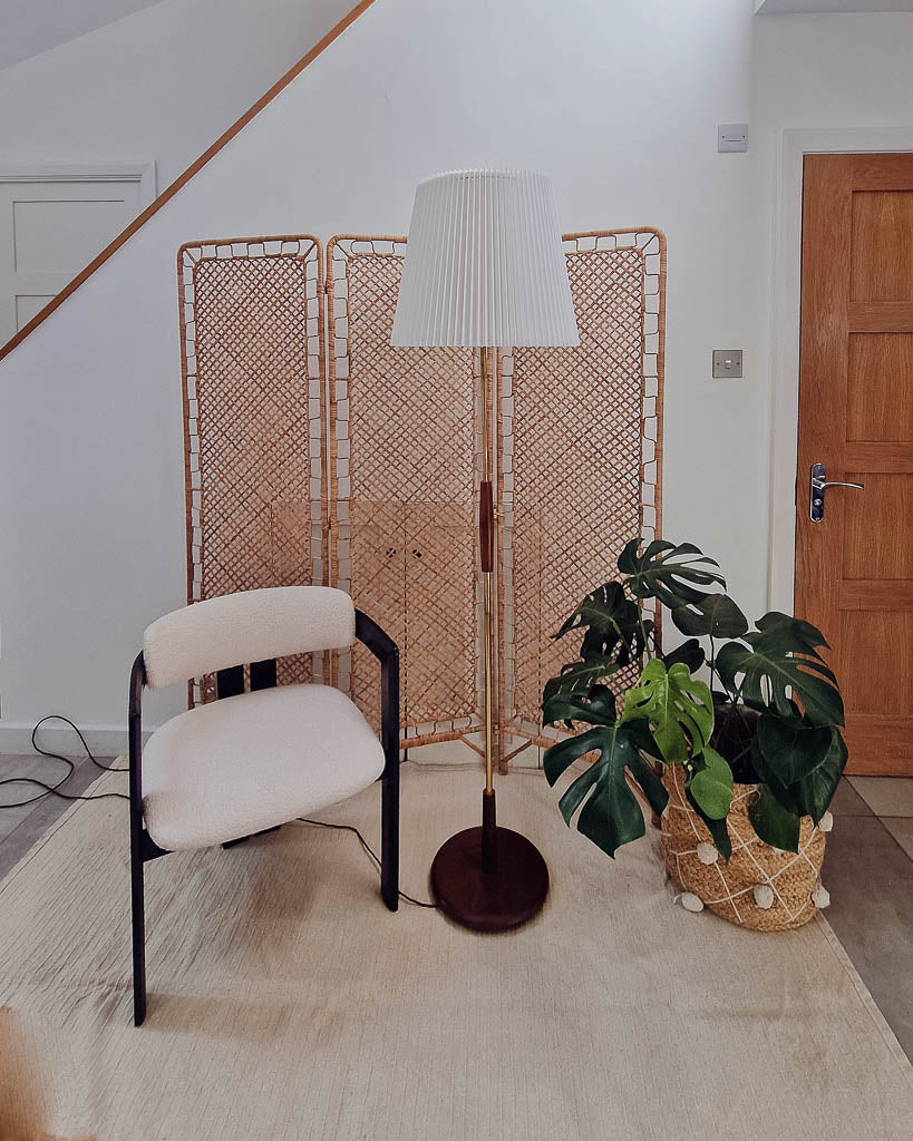 Mid Century Teak & Brass Standard Floor Lamp inc. Shade