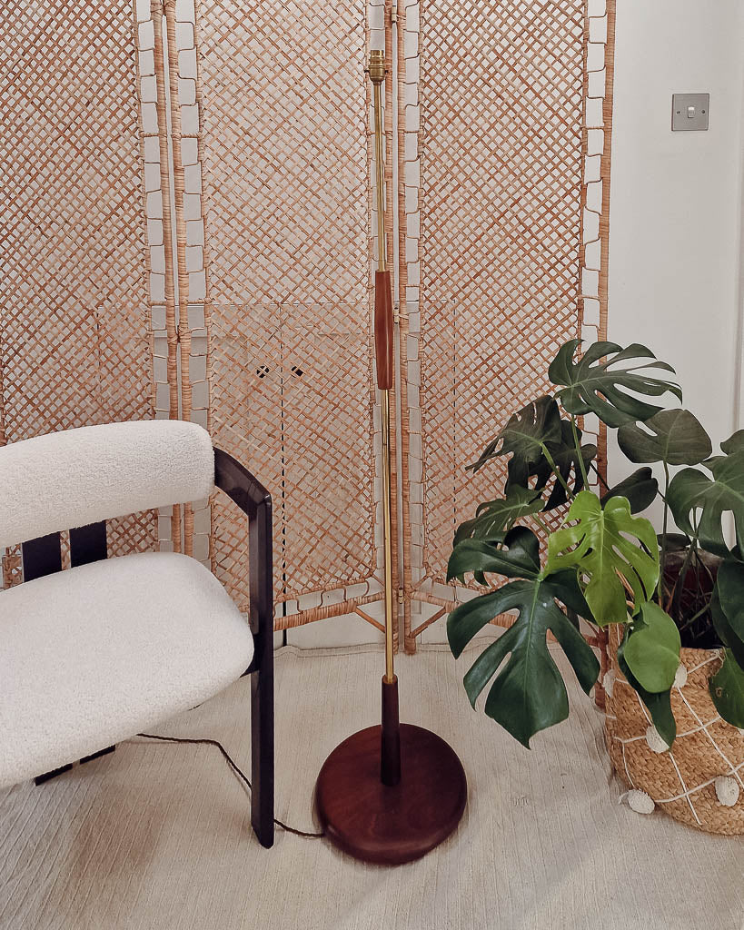 Mid Century Teak & Brass Standard Floor Lamp inc. Shade
