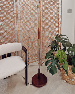 Mid Century Teak & Brass Standard Floor Lamp inc. Shade