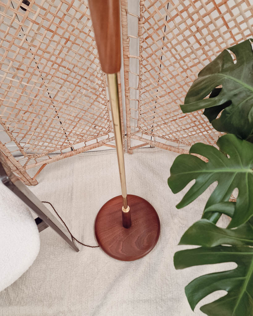 Mid Century Teak & Brass Standard Floor Lamp inc. Shade