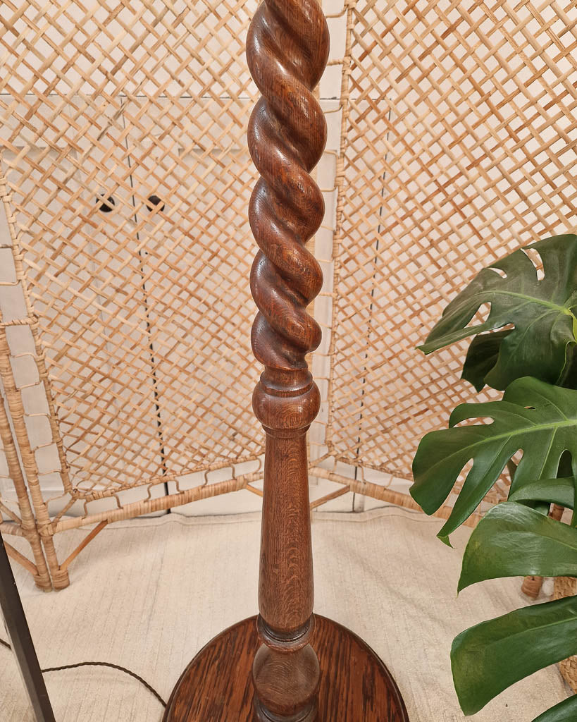 Vintage 1930s Oak Barley Twist Standard Floor Lamp inc. Shade