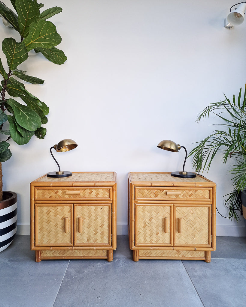 Mid Century Rattan & Cane Bamboo Bedside Cabinet /  Side Table (Pair)