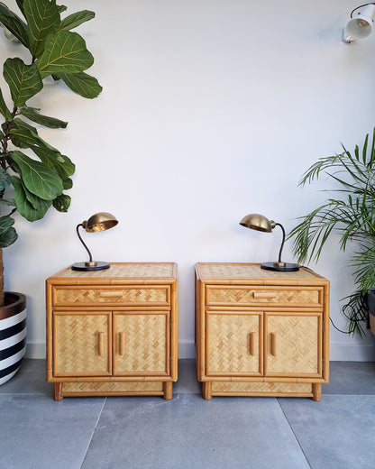 Mid Century Rattan & Cane Bamboo Bedside Cabinet /  Side Table (Pair)