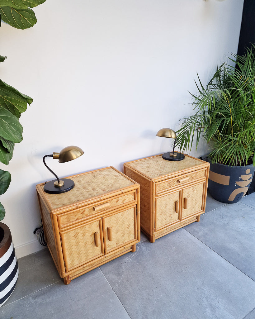 Mid Century Rattan & Cane Bamboo Bedside Cabinet /  Side Table (Pair)