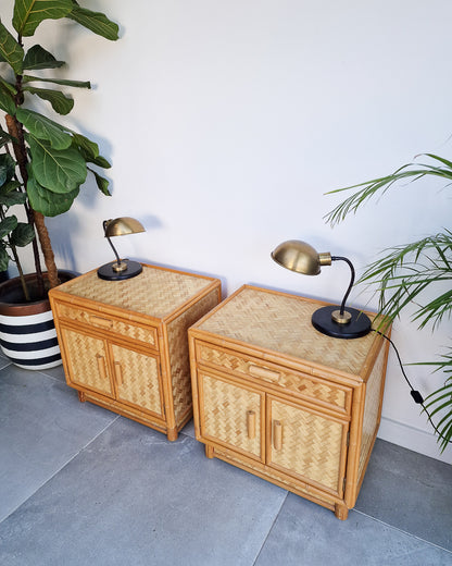 Mid Century Rattan & Cane Bamboo Bedside Cabinet /  Side Table (Pair)