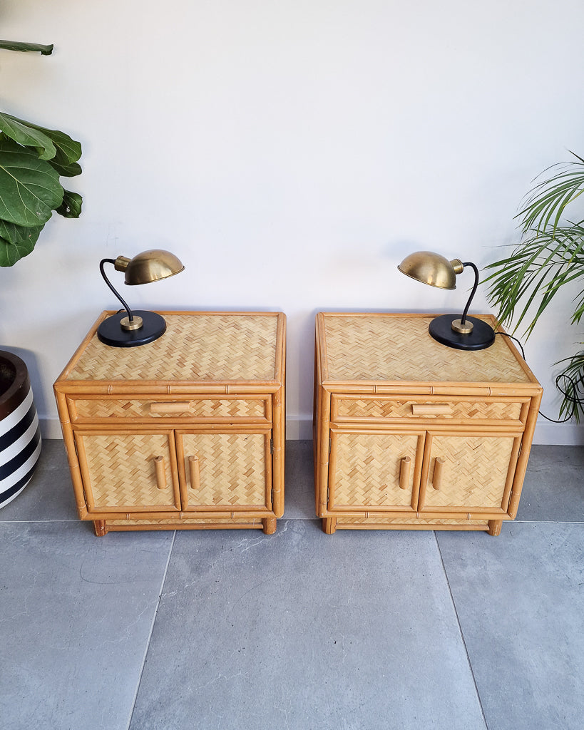Mid Century Rattan & Cane Bamboo Bedside Cabinet /  Side Table (Pair)