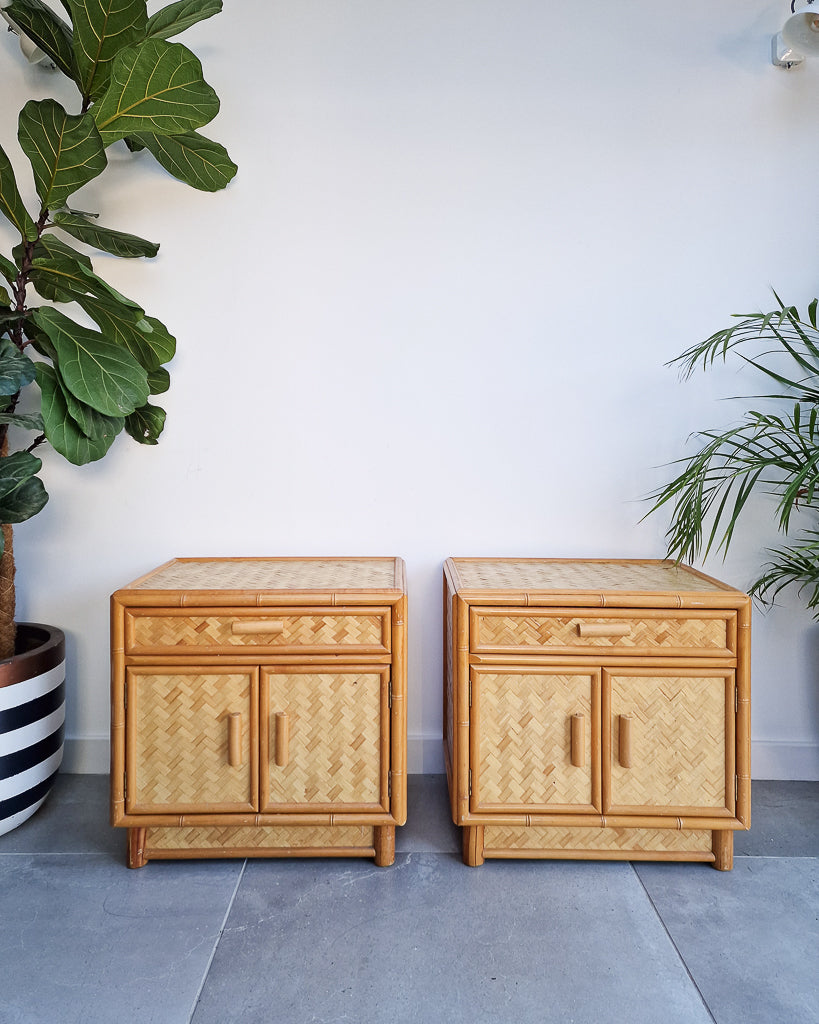 Mid Century Rattan & Cane Bamboo Bedside Cabinet /  Side Table (Pair)