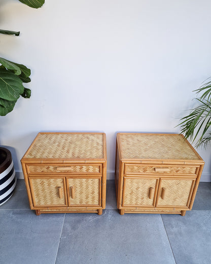 Mid Century Rattan & Cane Bamboo Bedside Cabinet /  Side Table (Pair)