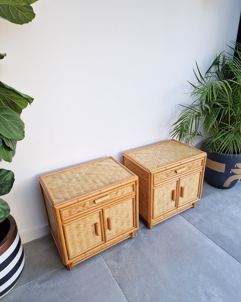 Mid Century Rattan & Cane Bamboo Bedside Cabinet /  Side Table (Pair)