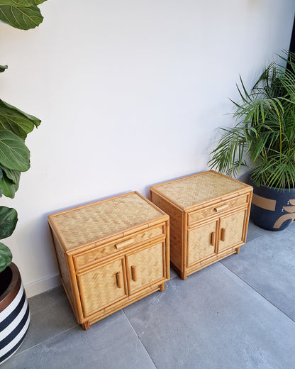 Mid Century Rattan & Cane Bamboo Bedside Cabinet /  Side Table (Pair)