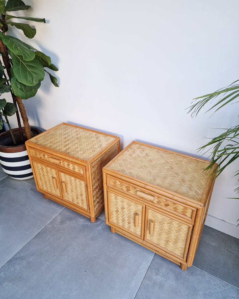 Mid Century Rattan & Cane Bamboo Bedside Cabinet /  Side Table (Pair)