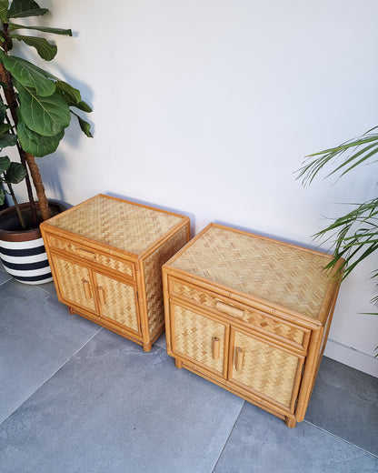 Mid Century Rattan & Cane Bamboo Bedside Cabinet /  Side Table (Pair)