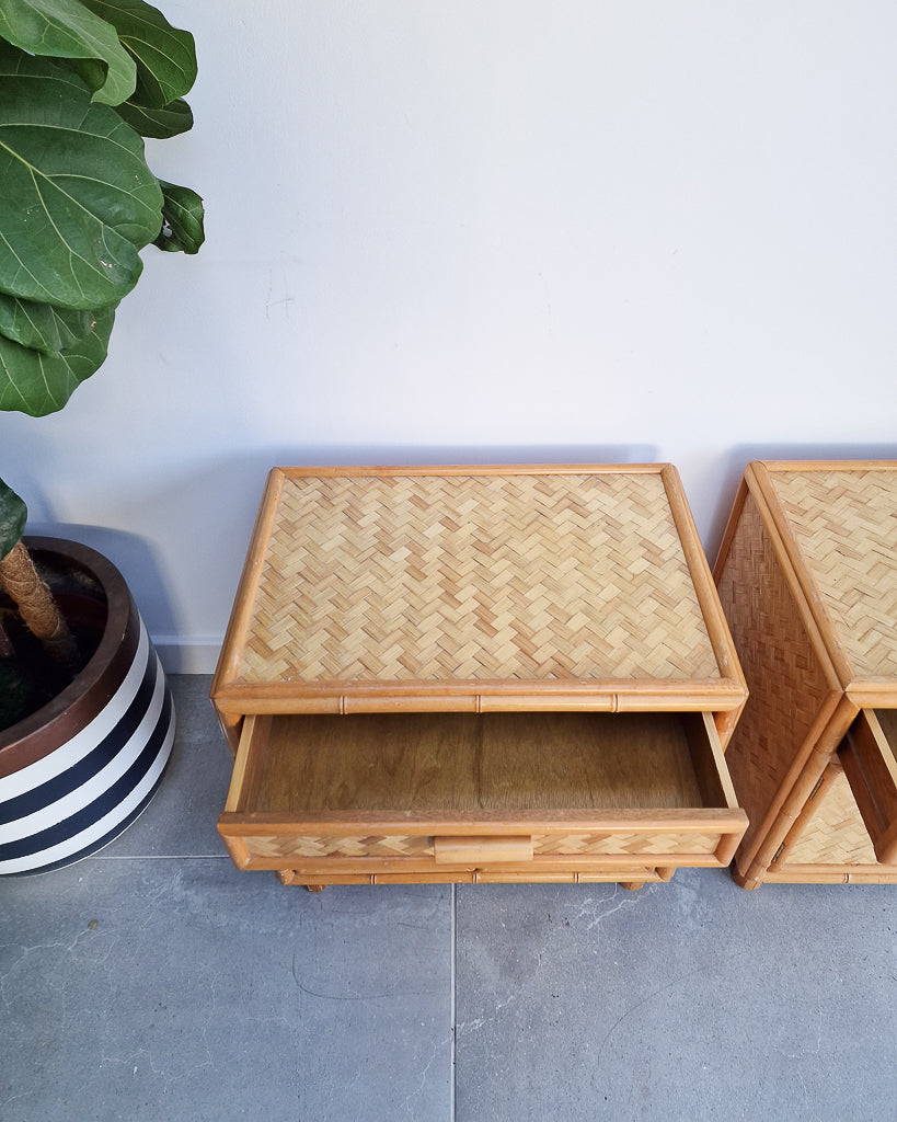 Mid Century Rattan & Cane Bamboo Bedside Cabinet /  Side Table (Pair)