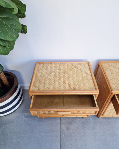 Mid Century Rattan & Cane Bamboo Bedside Cabinet /  Side Table (Pair)