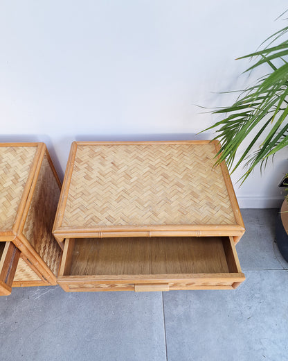 Mid Century Rattan & Cane Bamboo Bedside Cabinet /  Side Table (Pair)