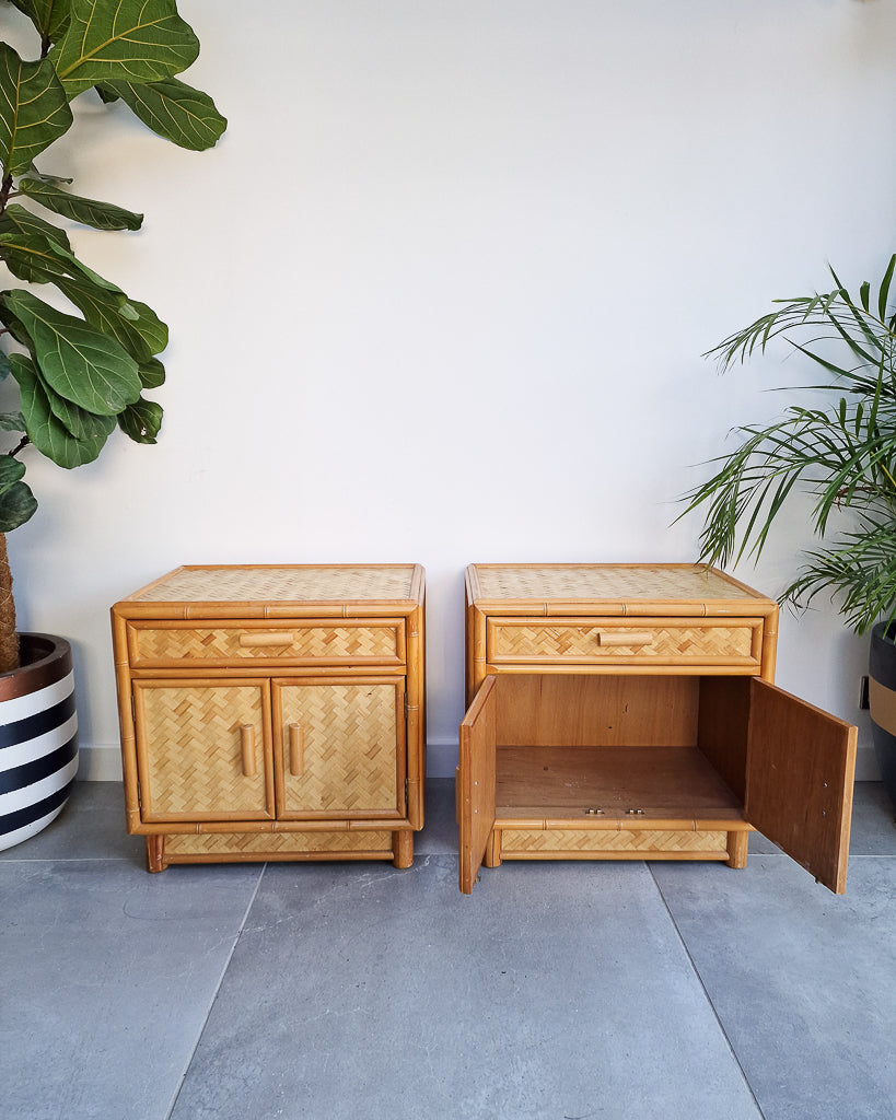 Mid Century Rattan & Cane Bamboo Bedside Cabinet /  Side Table (Pair)