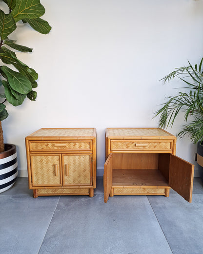 Mid Century Rattan & Cane Bamboo Bedside Cabinet /  Side Table (Pair)