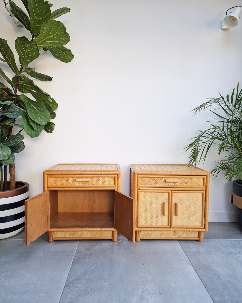 Mid Century Rattan & Cane Bamboo Bedside Cabinet /  Side Table (Pair)