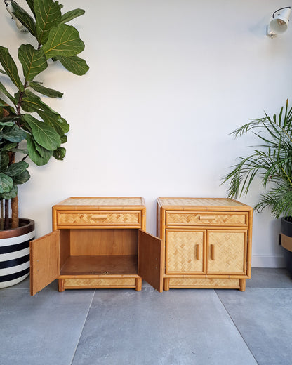 Mid Century Rattan & Cane Bamboo Bedside Cabinet /  Side Table (Pair)