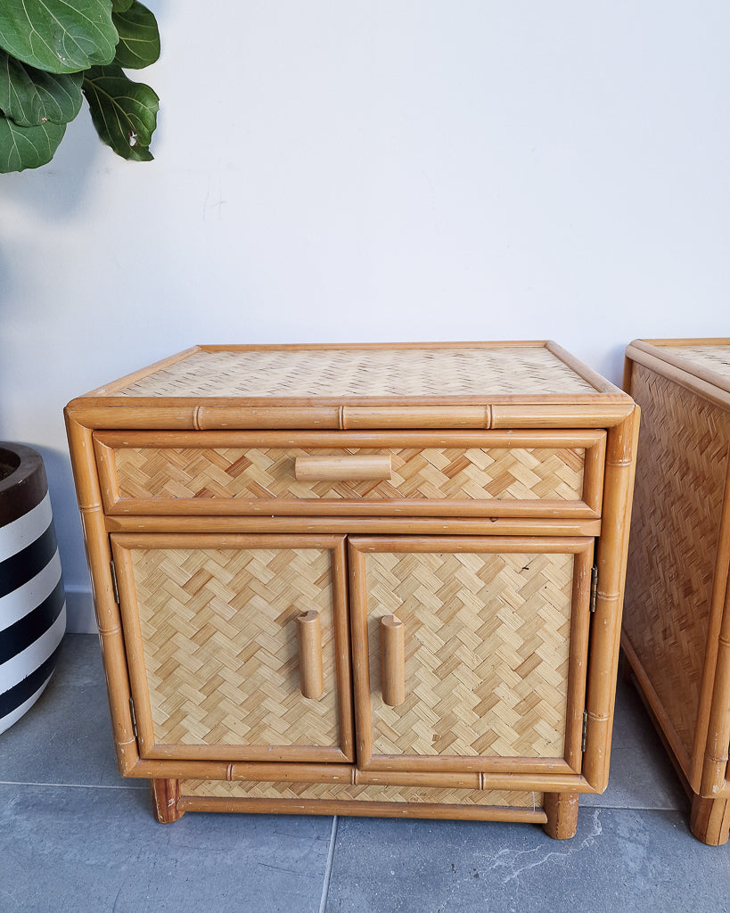 Mid Century Rattan & Cane Bamboo Bedside Cabinet /  Side Table (Pair)