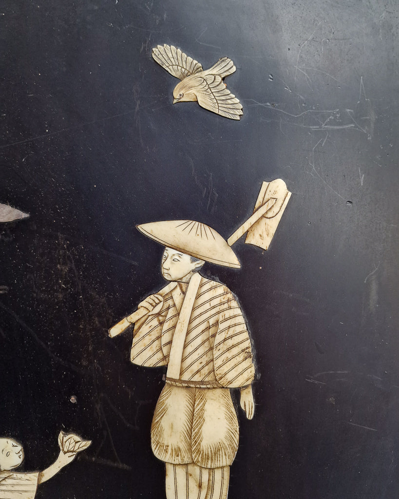 Antique Japanese Shibayama Lacquer Wooden Panel / Wall Art