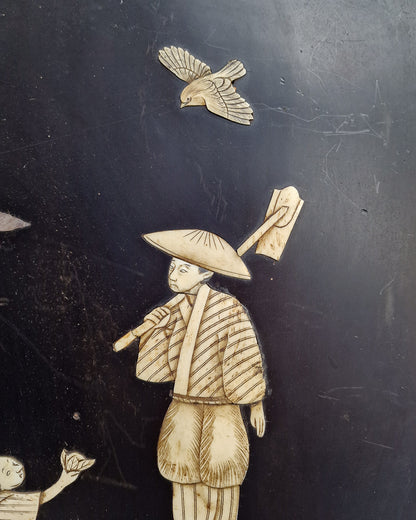 Antique Japanese Shibayama Lacquer Wooden Panel / Wall Art