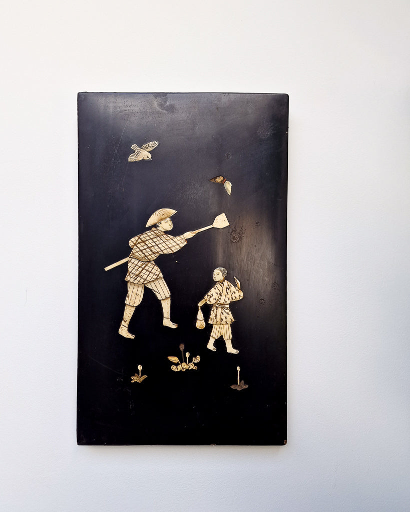 Antique Japanese Shibayama Lacquer Wooden Panel / Wall Art