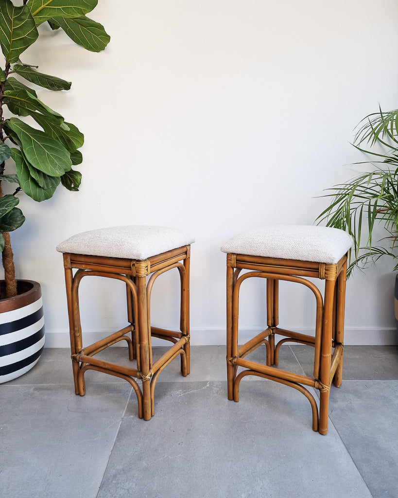 Vintage Bamboo Bar / Kitchen Upholstered Stools (Pair)