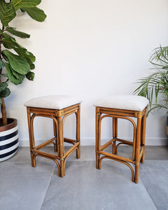 Vintage Bamboo Bar / Kitchen Upholstered Stools (Pair)
