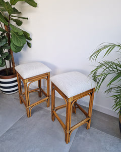 Vintage Bamboo Bar / Kitchen Upholstered Stools (Pair)