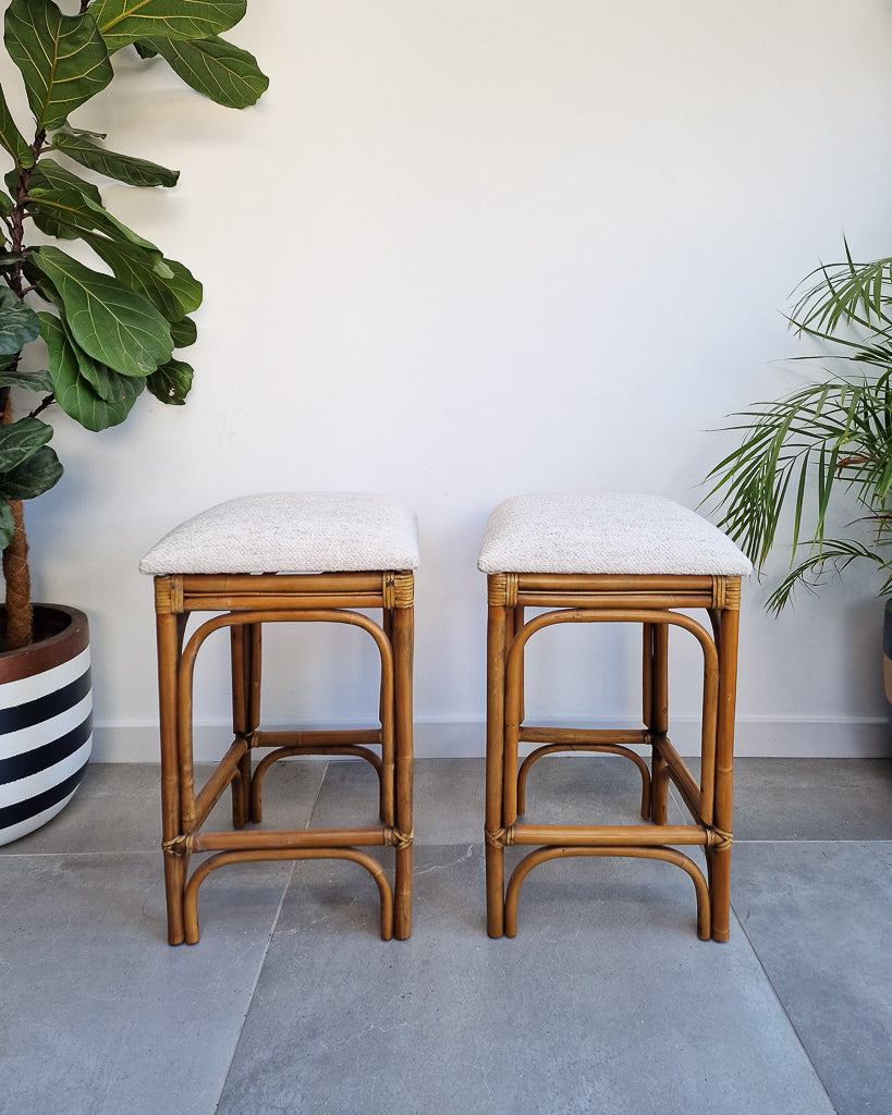 Vintage Bamboo Bar / Kitchen Upholstered Stools (Pair)